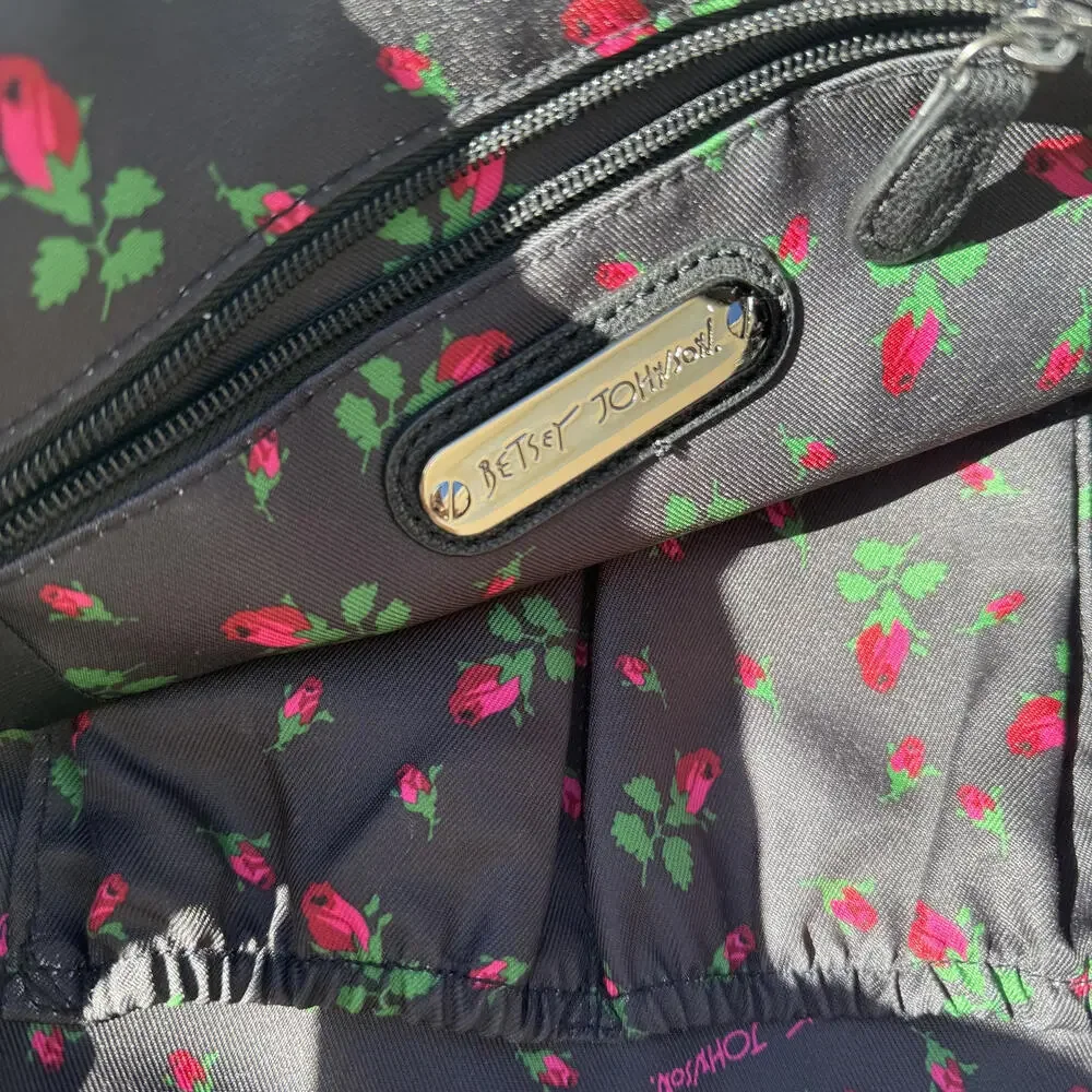 Vintage Betsey Johnson Black Tote Bag with Pink Rhinestone Lips Design RARE